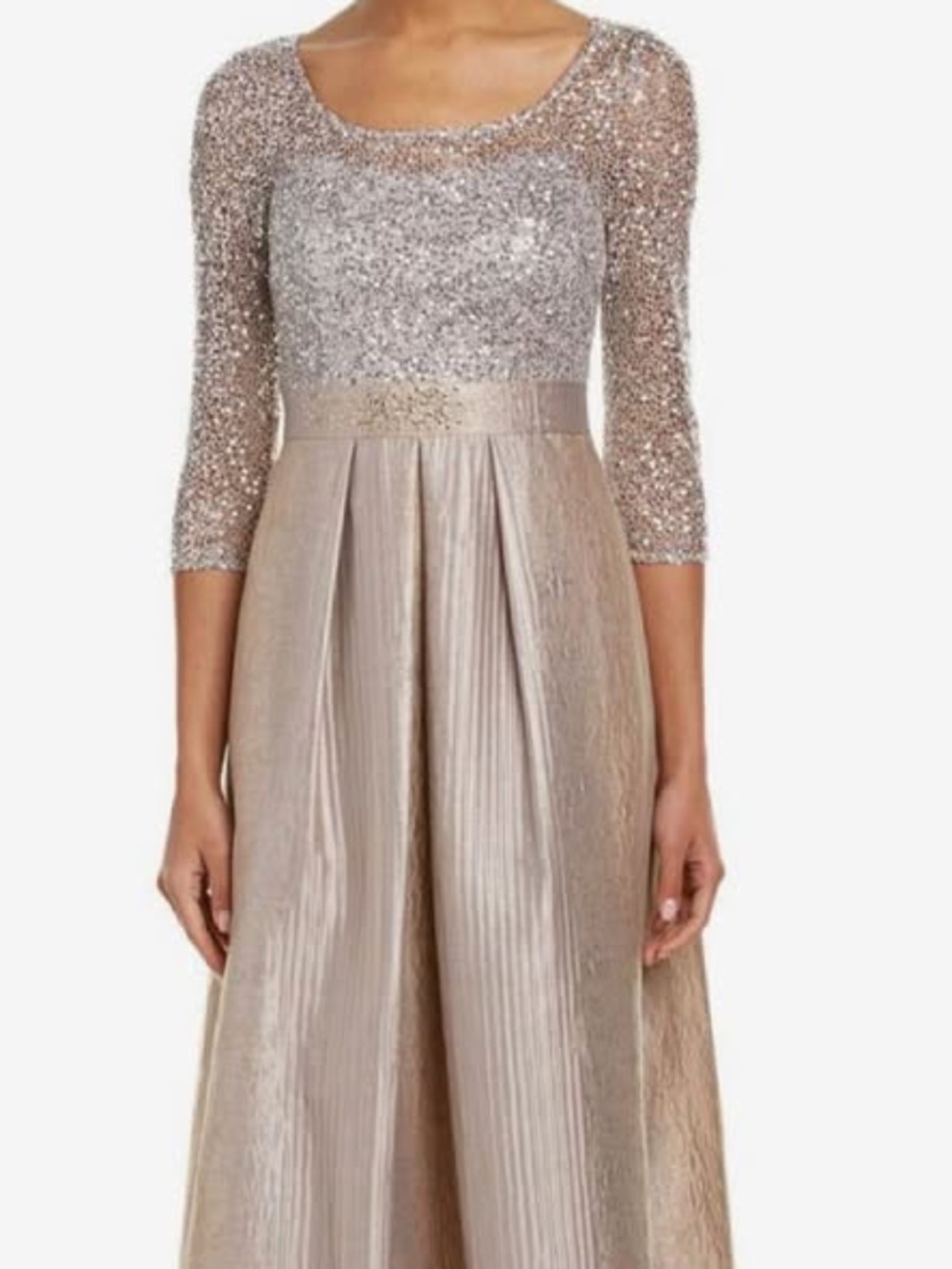 Sequined Metallic ¾ Sleeve Formal Gown